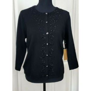 NEW Marisa Christiana Merino Wool Black Beaded Cardigan Sweater Button Up Sz M